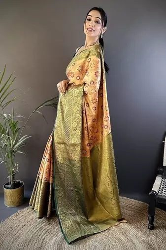 orange color jacquard woven  kanjivaram tissue art silk blend work saree
