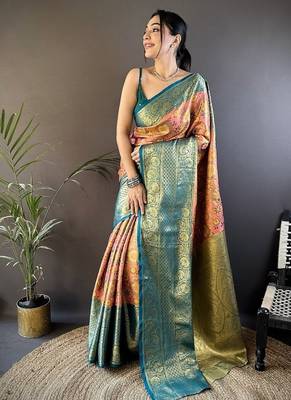 pink color jacquard woven  kanjivaram tissue art silk blend work saree 1