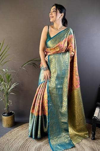 pink color jacquard woven  kanjivaram tissue art silk work saree