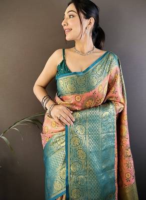 pink color jacquard woven  kanjivaram tissue art silk blend work saree 2