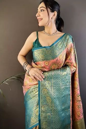 pink color jacquard woven  kanjivaram tissue art silk blend work saree