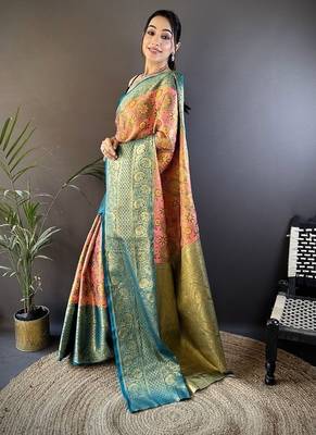 pink color jacquard woven  kanjivaram tissue art silk blend work saree 3