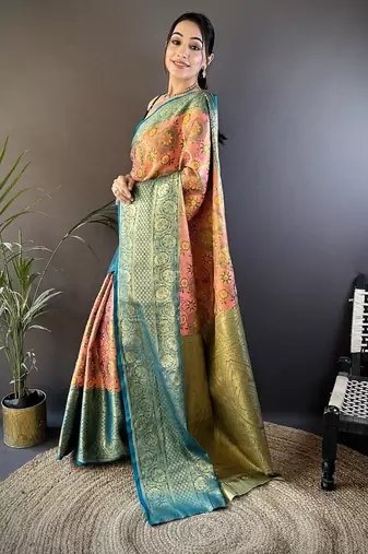 pink color jacquard woven  kanjivaram tissue art silk blend work saree