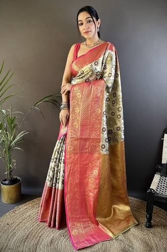 off white-pink color jacquard woven  kanjivaram tissue art silk work saree
