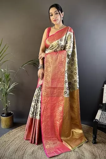 off white-pink color jacquard woven  kanjivaram tissue art silk work saree