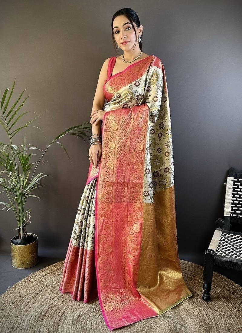 off white-pink color jacquard woven  kanjivaram tissue art silk work saree