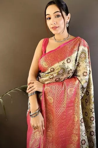 off white-pink color jacquard woven  kanjivaram tissue art silk blend work saree