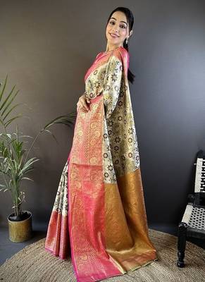 off white-pink color jacquard woven  kanjivaram tissue art silk blend work saree 3