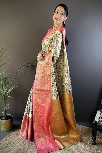off white-pink color jacquard woven  kanjivaram tissue art silk blend work saree