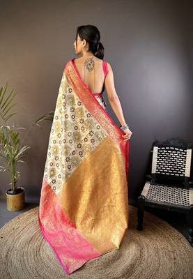 off white-pink color jacquard woven  kanjivaram tissue art silk blend work saree 4