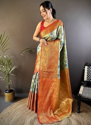 pista color jacquard woven  kanjivaram tissue art silk blend work saree 1