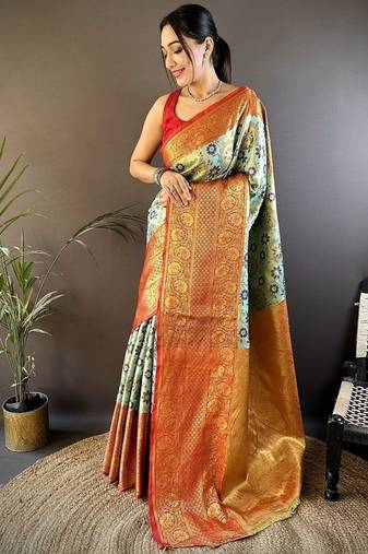 pista color jacquard woven  kanjivaram tissue art silk work saree