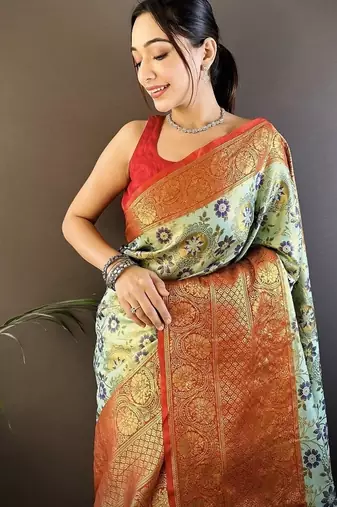 pista color jacquard woven  kanjivaram tissue art silk blend work saree