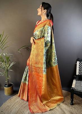 pista color jacquard woven  kanjivaram tissue art silk blend work saree 4