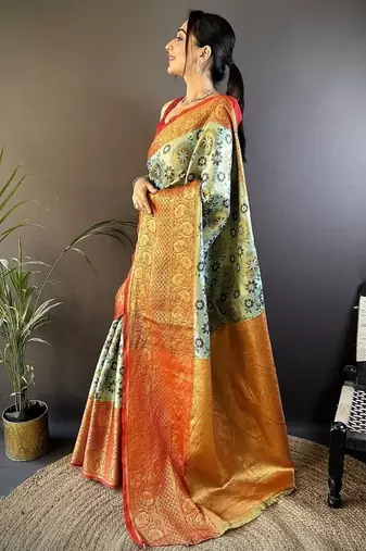 pista color jacquard woven  kanjivaram tissue art silk blend work saree