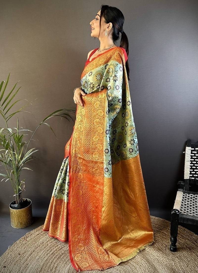 pista color jacquard woven  kanjivaram tissue art silk work saree