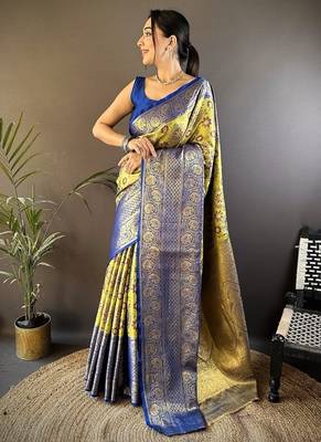 parrot yellow color jacquard woven  kanjivaram tissue art silk blend work saree 1