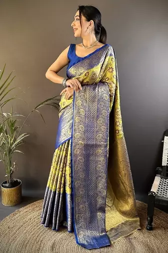 parrot yellow color jacquard woven  kanjivaram tissue art silk work saree