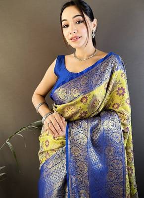 parrot yellow color jacquard woven  kanjivaram tissue art silk blend work saree 2