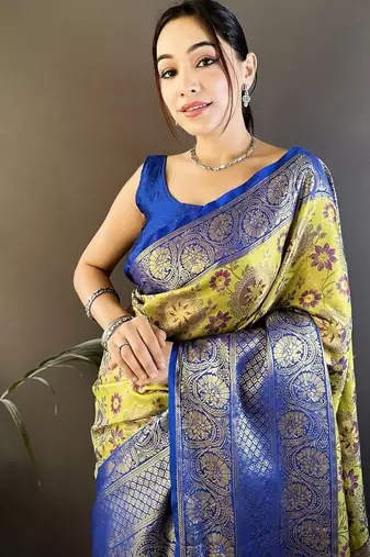 parrot yellow color jacquard woven  kanjivaram tissue art silk blend work saree