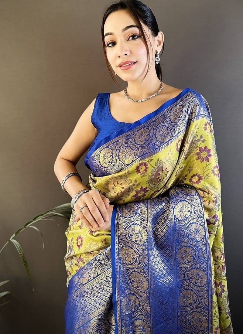 parrot yellow color jacquard woven  kanjivaram tissue art silk work saree