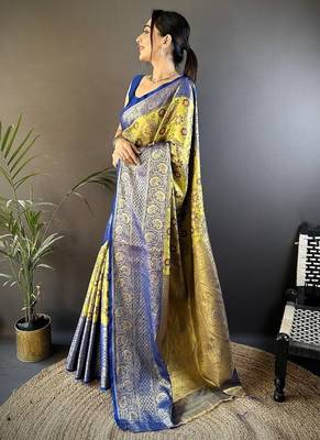 parrot yellow color jacquard woven  kanjivaram tissue art silk blend work saree 3