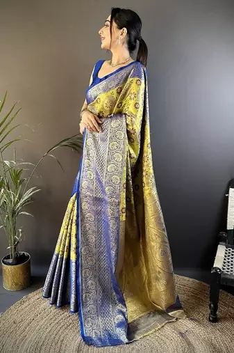 parrot yellow color jacquard woven  kanjivaram tissue art silk blend work saree