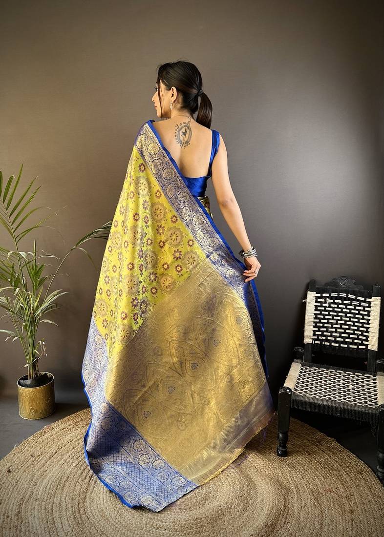 parrot yellow color jacquard woven  kanjivaram tissue art silk work saree