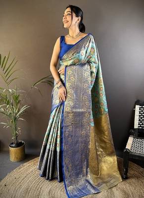 skyblue color jacquard woven  kanjivaram tissue art silk blend work saree 1