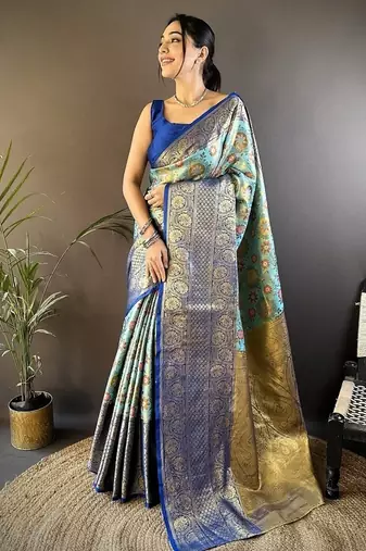skyblue color jacquard woven  kanjivaram tissue art silk work saree
