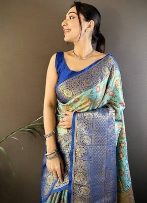skyblue color jacquard woven  kanjivaram tissue art silk blend work saree 2