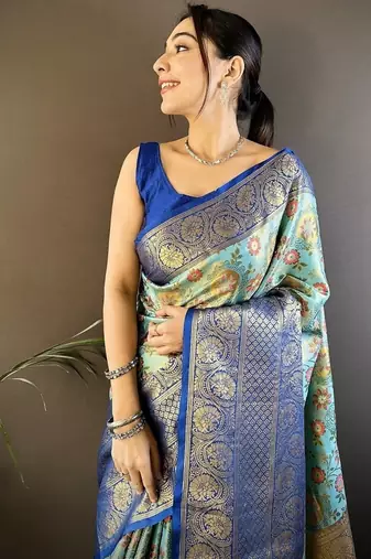 skyblue color jacquard woven  kanjivaram tissue art silk blend work saree