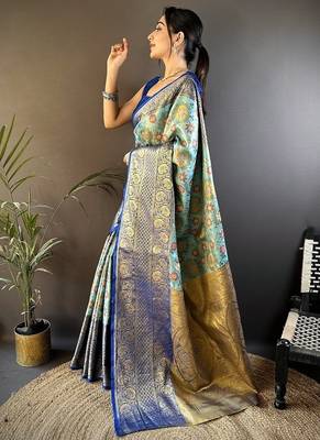 skyblue color jacquard woven  kanjivaram tissue art silk blend work saree 3