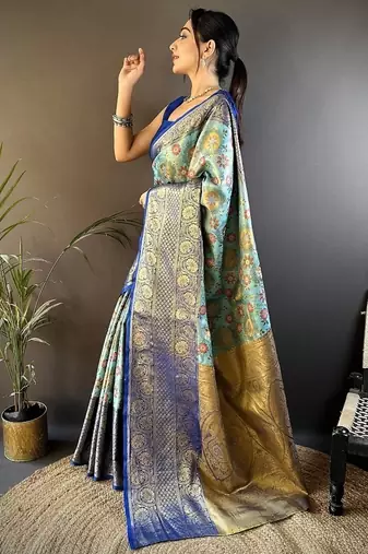 skyblue color jacquard woven  kanjivaram tissue art silk blend work saree
