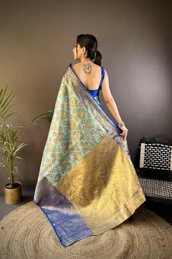 skyblue color jacquard woven  kanjivaram tissue art silk blend work saree