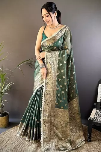 green color banarasi tissue crush zari woven border saree