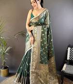 green color banarasi tissue crush zari woven border saree
