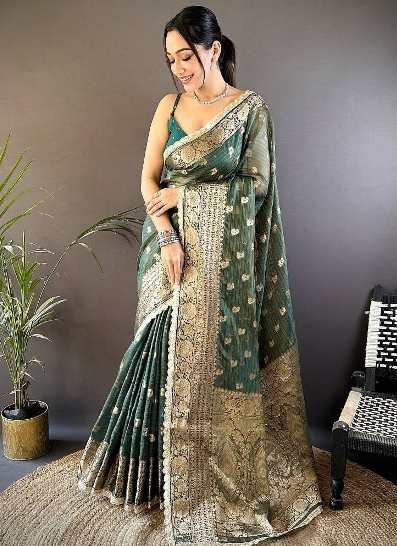 green color banarasi tissue crush zari woven border saree