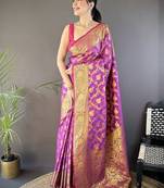 purple color banarasi soft art silk zari woven saree