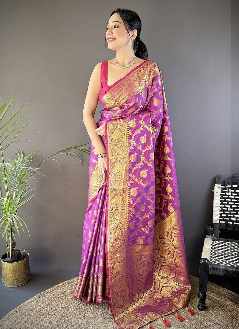 purple color banarasi soft art silk zari woven saree