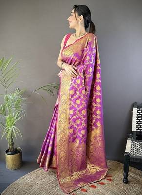 purple banarasi soft art silk blend zari woven saree 2