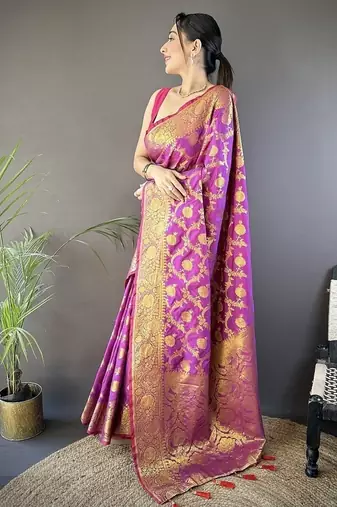 purple color banarasi soft art silk blend zari woven saree