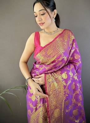 purple banarasi soft art silk blend zari woven saree 3