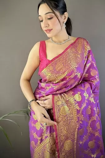 purple color banarasi soft art silk blend zari woven saree