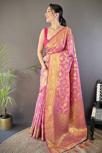 light pink color banarasi soft art silk zari woven saree