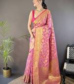 light pink color banarasi soft art silk zari woven saree