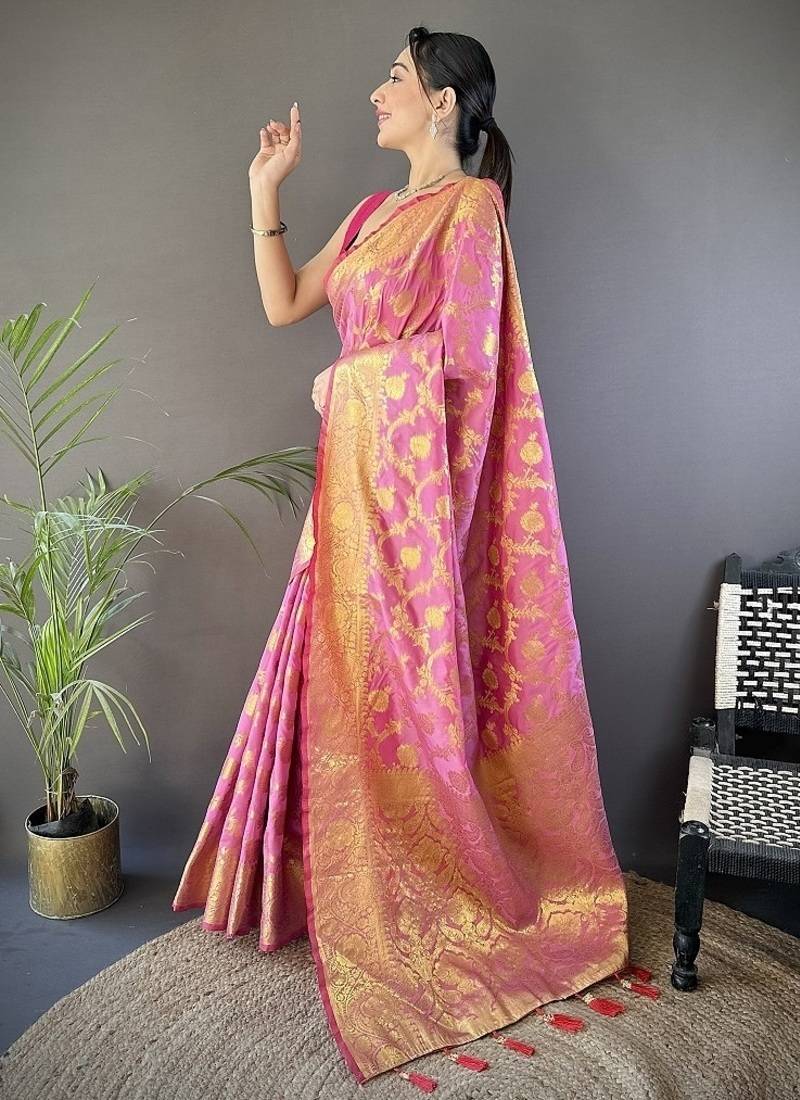 light pink color banarasi soft art silk zari woven saree