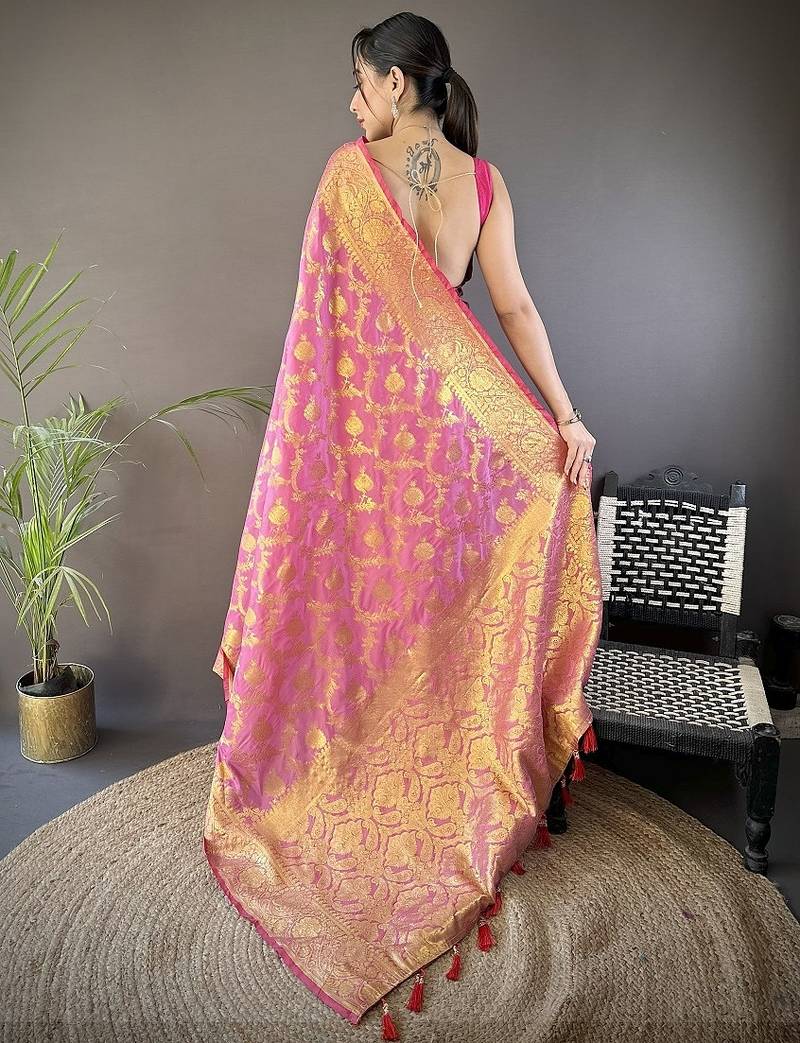 light pink color banarasi soft art silk zari woven saree