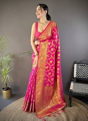 pink color banarasi soft art silk blend zari woven saree 1