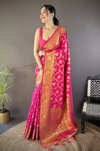pink color banarasi soft art silk zari woven saree
